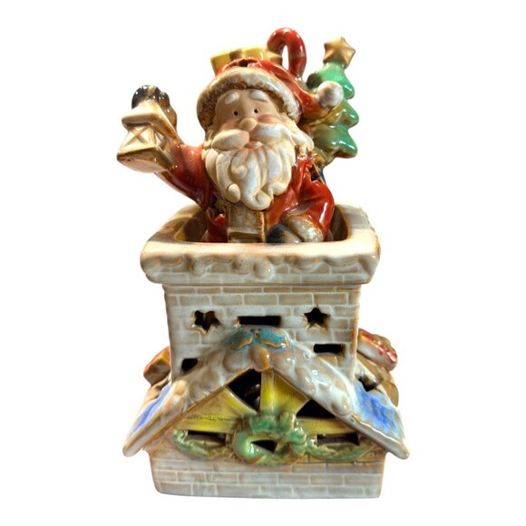Elements Santa Going Down Chimney W/ Lantern Rooftop Ceramic Christmas Figurine - Picture 1 of 11